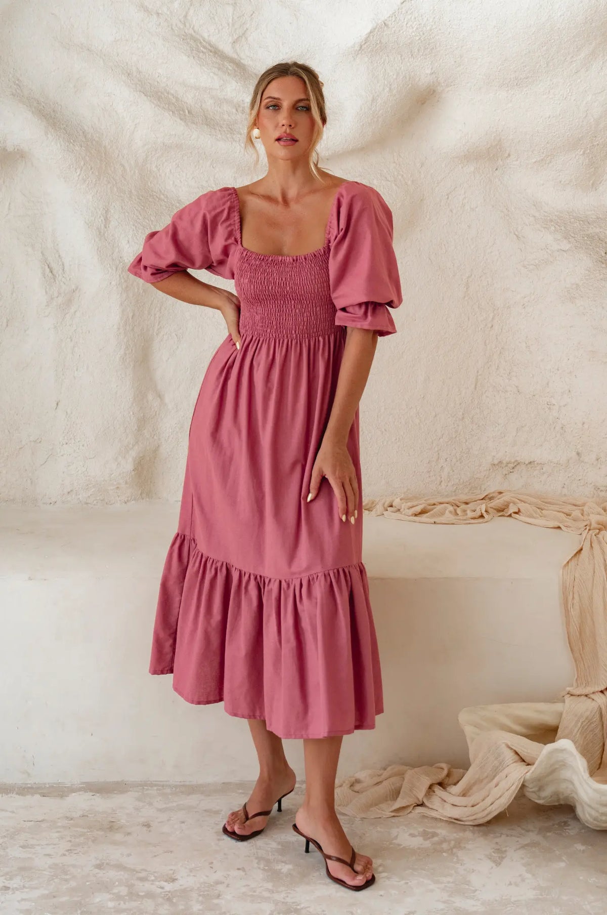 Almeria Smocked Midi Linen Dress
