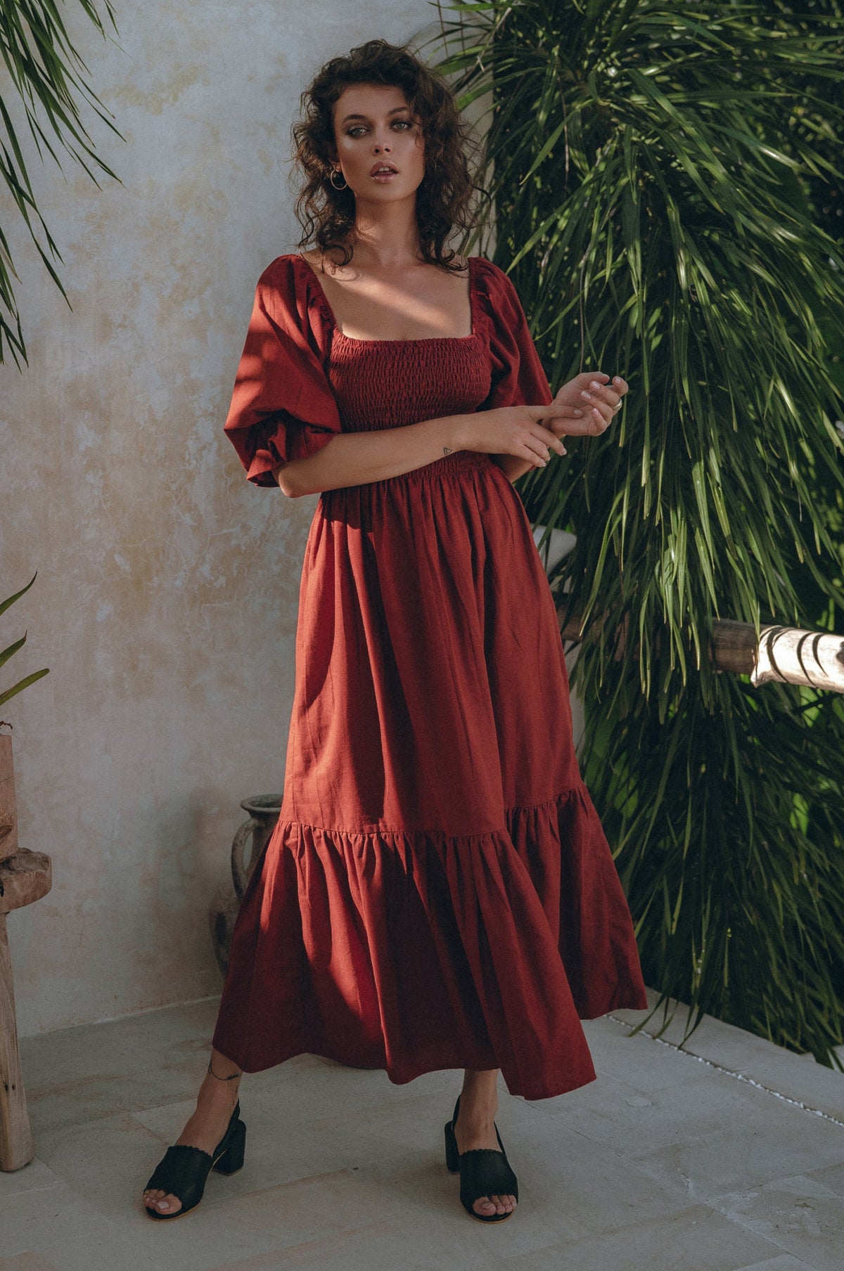 Almeria Smocked Midi Linen Dress