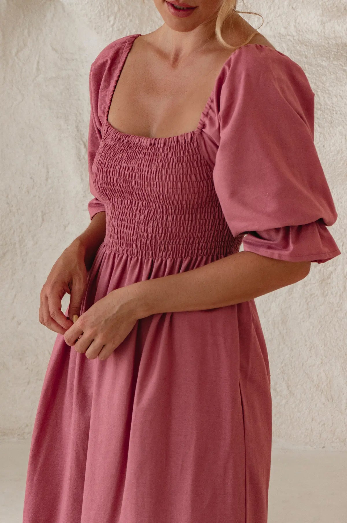 Almeria Smocked Midi Linen Dress